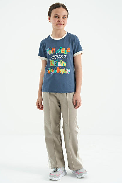 Petrol Colored Writing Detailed O Collar Comfort Fit Girls T-Shirt - 75109