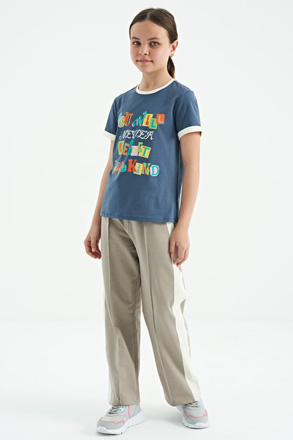 Petrol Colored Writing Detailed O Collar Comfort Fit Girls T-Shirt - 75109