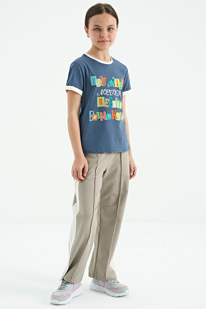 Petrol Colored Writing Detailed O Collar Comfort Fit Girls T-Shirt - 75109