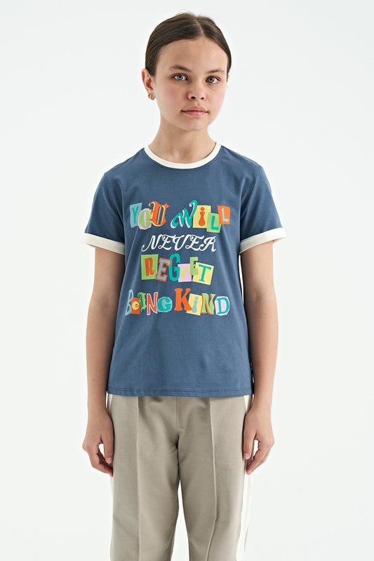 Petrol Colored Writing Detailed O Collar Comfort Fit Girls T-Shirt - 75109