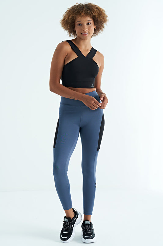 Petrol Strip Detailed Scuba Fabric Slim Fit High Waist Women's Tights - 94637