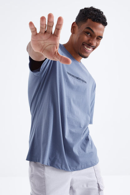 Petrol Back Print O Collar Men's Oversize T-Shirt - 88100