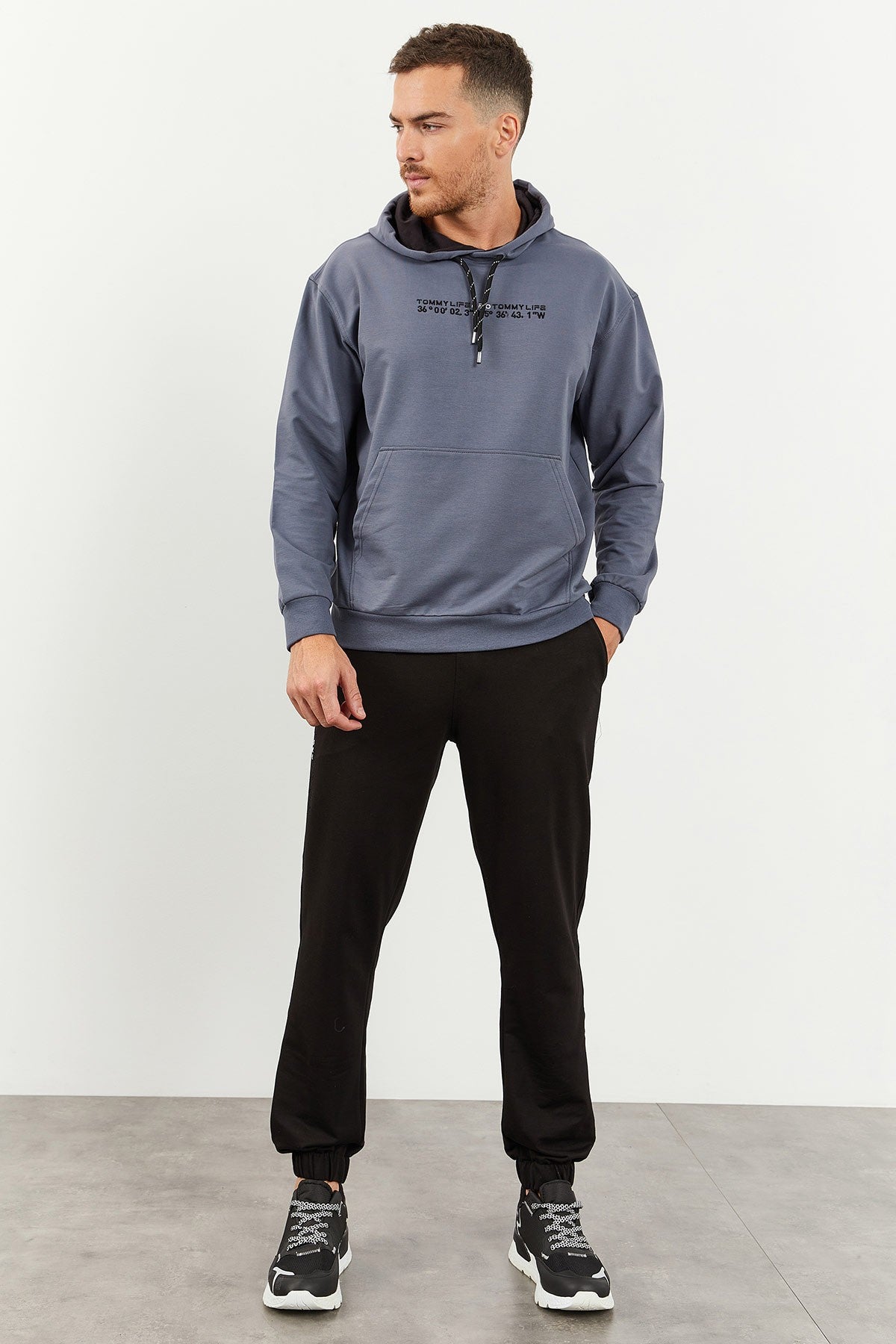 Petrol - Black Hooded Kangaroo Pocket Elastic Cuff Men's Oversize Tracksuit Set - 85117