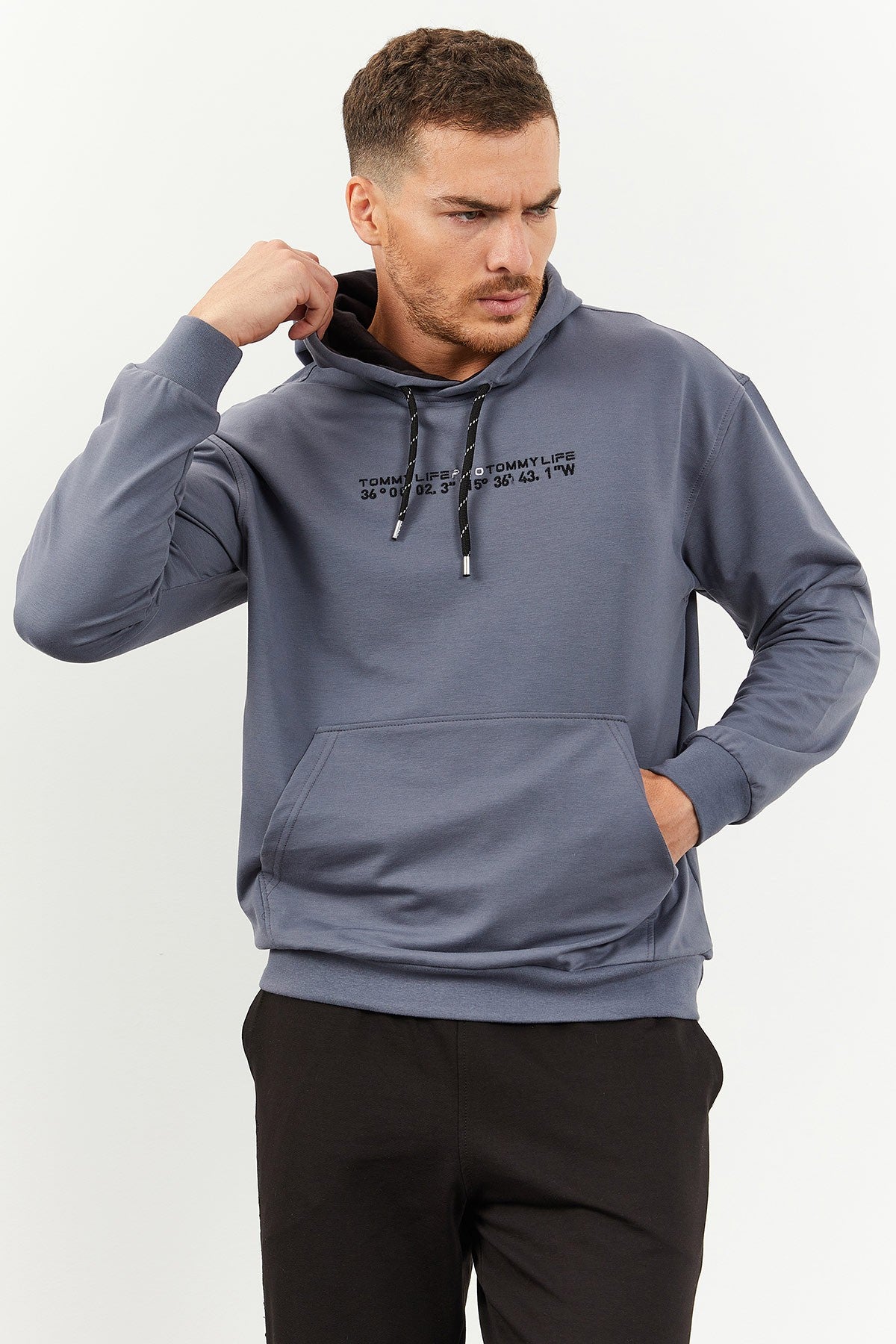 Petrol - Black Hooded Kangaroo Pocket Elastic Cuff Men's Oversize Tracksuit Set - 85117