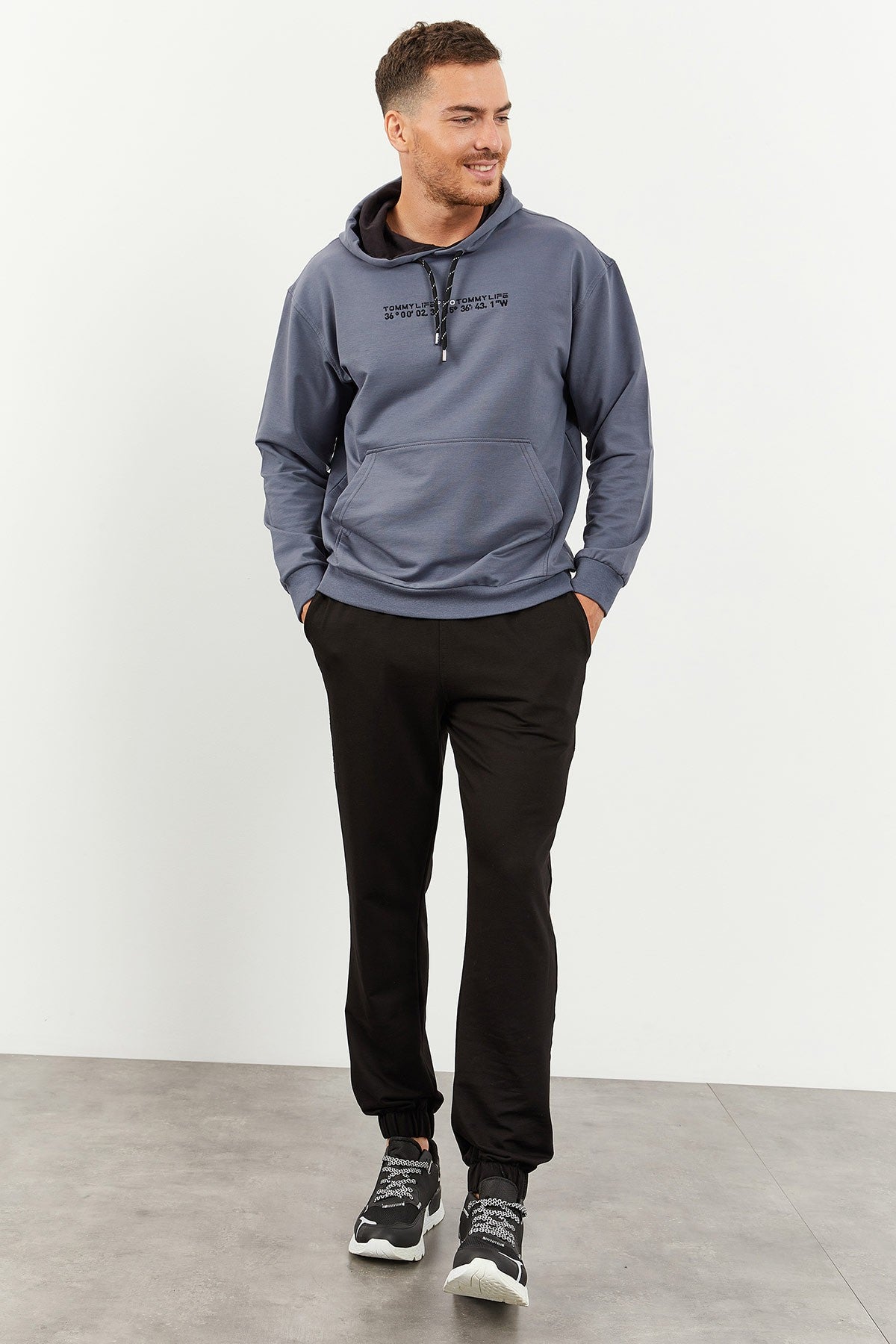 Petrol - Black Hooded Kangaroo Pocket Elastic Cuff Men's Oversize Tracksuit Set - 85117