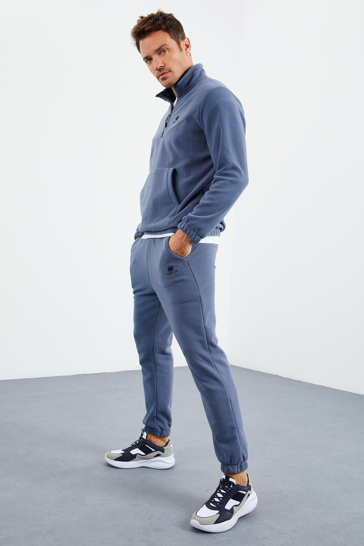 Petrol Half Zipper High Collar Elastic Cuff Polar Men's Tracksuit Set - 85159