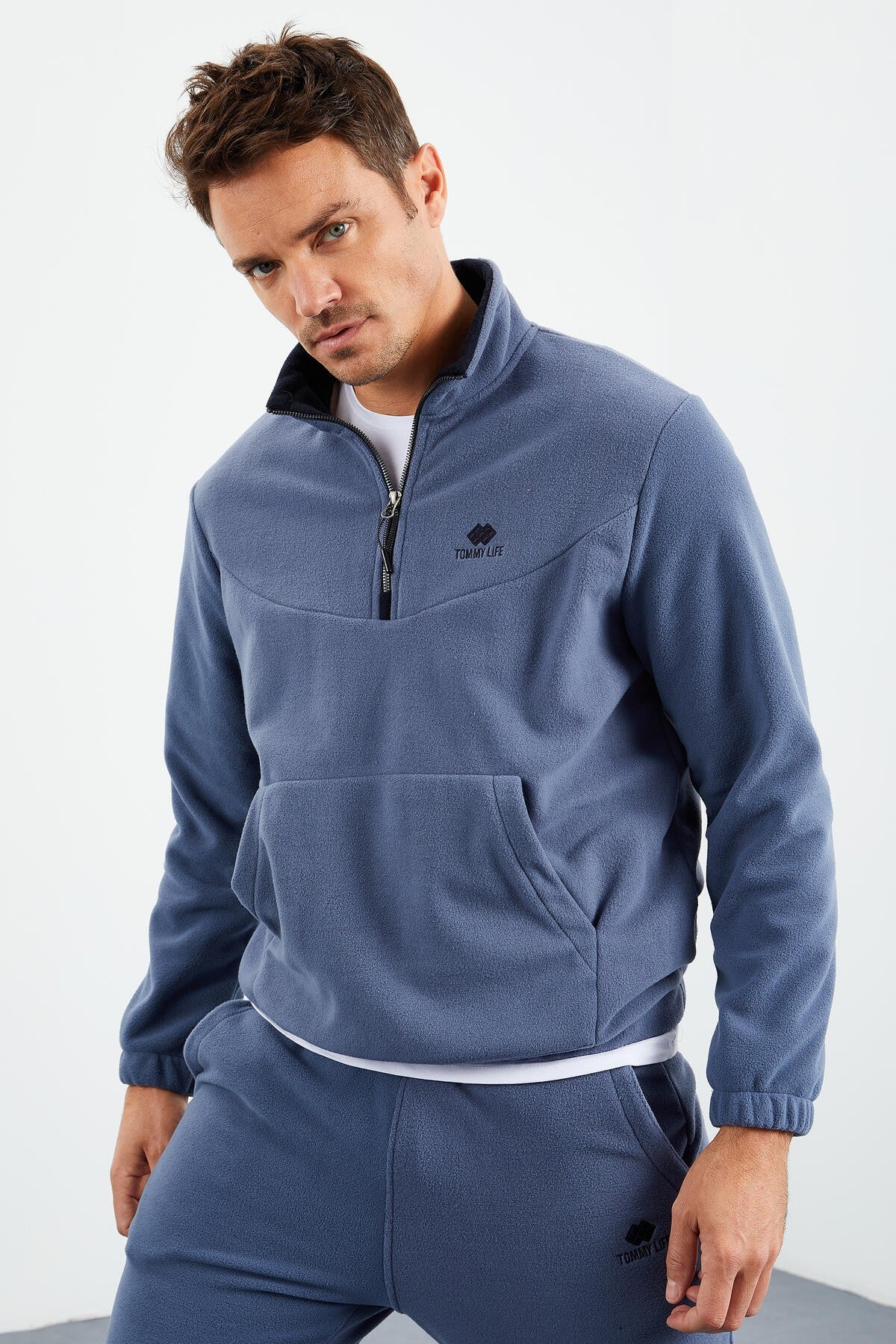 Petrol Half Zipper High Collar Elastic Cuff Polar Men's Tracksuit Set - 85159