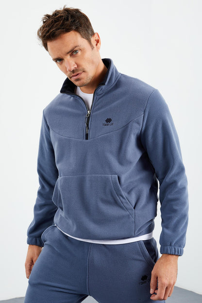 Petrol Half Zipper High Collar Elastic Cuff Polar Men's Tracksuit Set - 85159