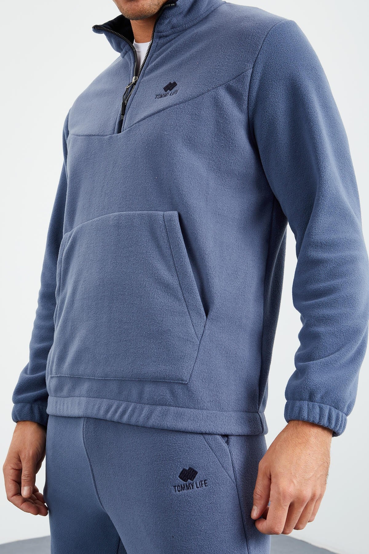 Petrol Half Zipper High Collar Elastic Cuff Polar Men's Tracksuit Set - 85159