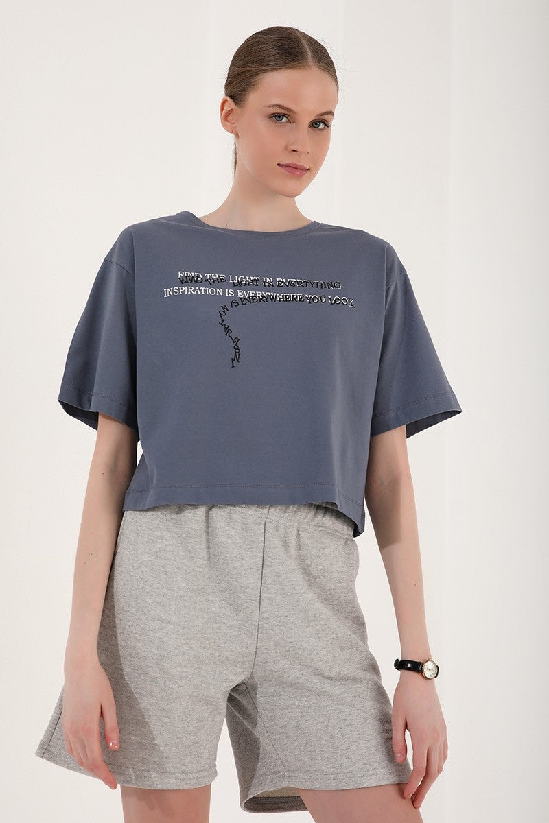 Petrol Printed Short O Collar Women's Oversize T-Shirt - 97135