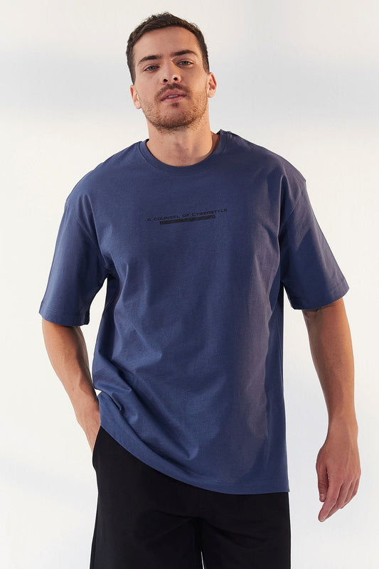 Petrol Print Lettering O Collar Men's Oversize T-Shirt - 87984