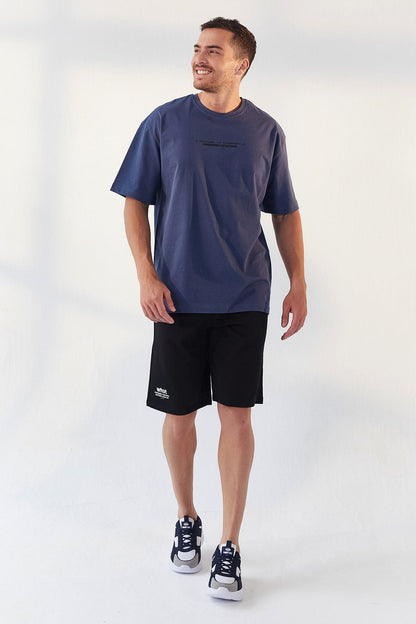 Petrol Print Lettering O Collar Men's Oversize T-Shirt - 87984