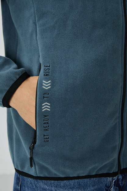Petrol Blue Embroidered High Collar Zippered Standard Fit Men's Sweatshirt Fleece - 87992