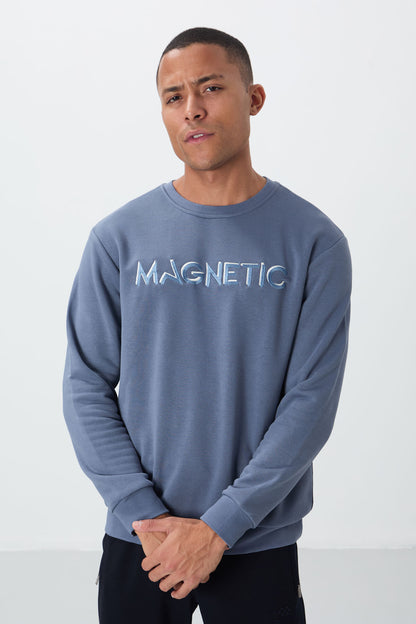 Petrol Blue Letter Embroidered O Collar Comfort Fit Fleece Lined Men's Sweatshirt - 88020