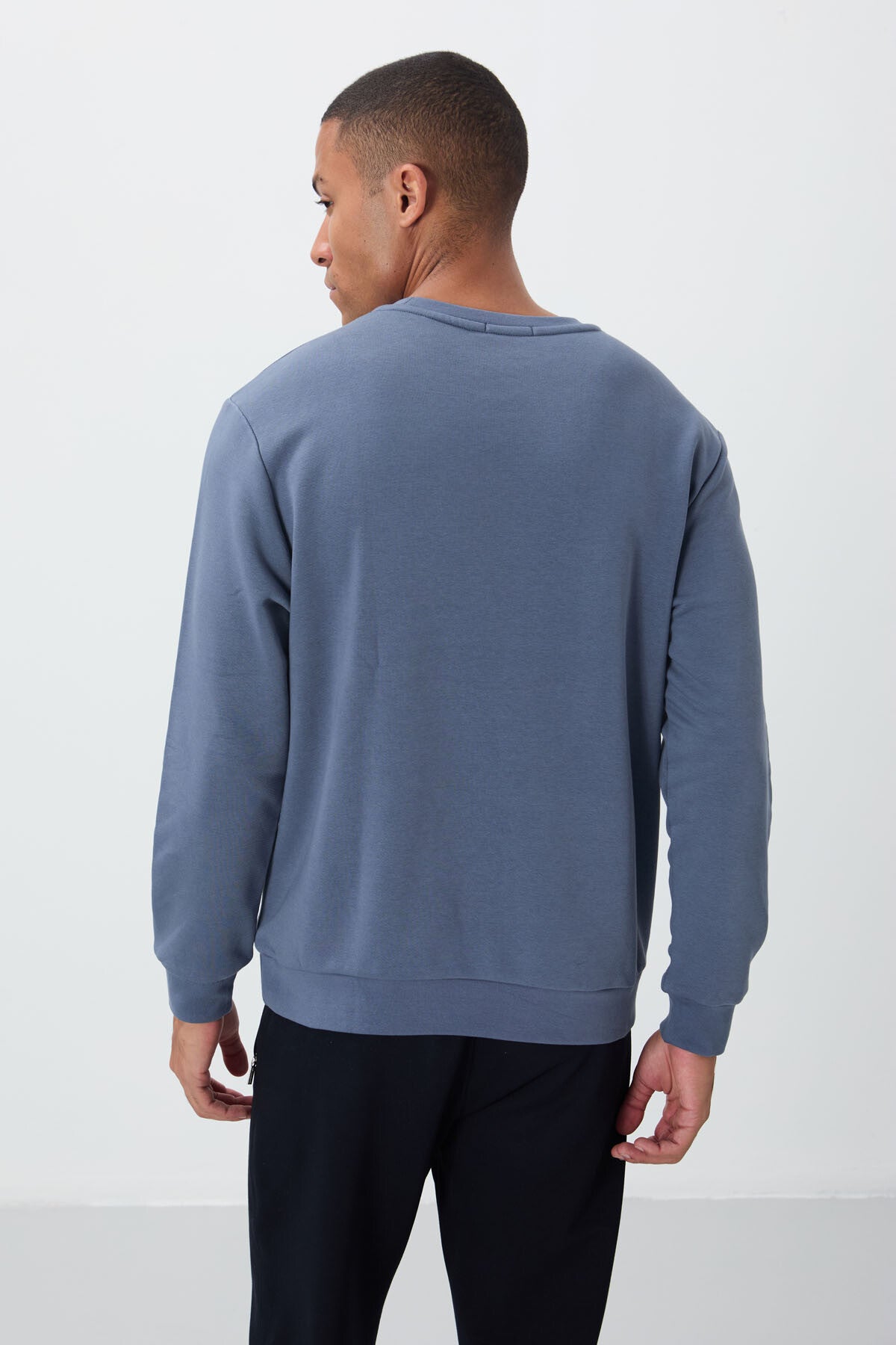 Petrol Blue Letter Embroidered O Collar Comfort Fit Fleece Lined Men's Sweatshirt - 88020