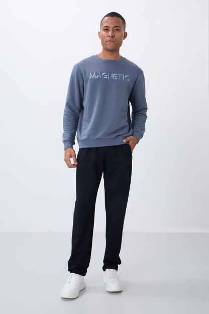 Petrol Blue Letter Embroidered O Collar Comfort Fit Fleece Lined Men's Sweatshirt - 88020