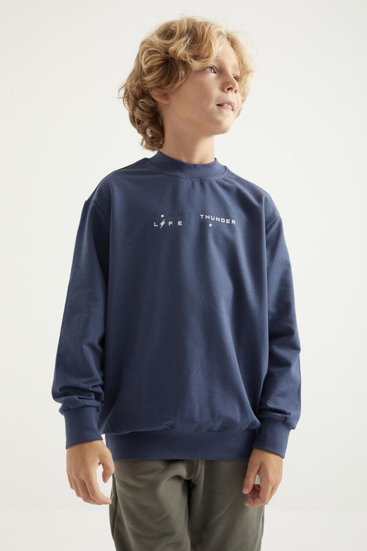 Petrol Back Print O Collar Standard Cut Boys' Sweatshirt - 11026
