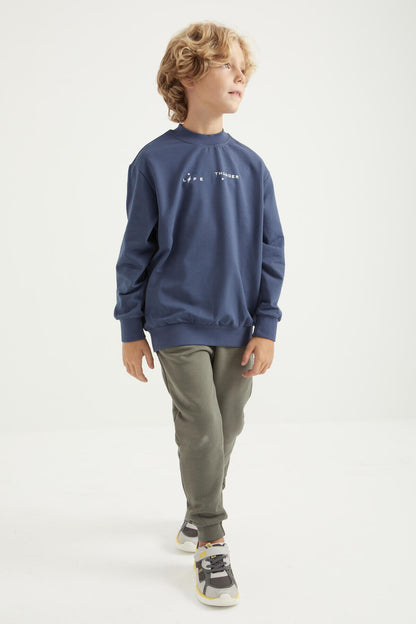 Petrol Back Print O Collar Standard Cut Boys' Sweatshirt - 11026
