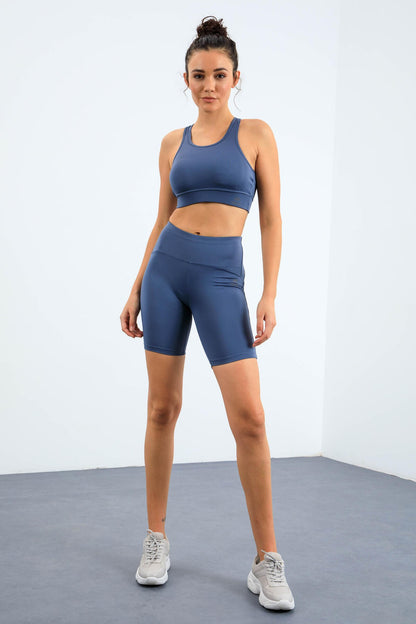 Petrol High Waist Wrap-up Slim Fit Bustier Biker Women's Tights Set - 95303
