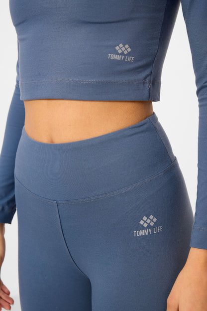 High Waist Long Sleeve Slim Fit Crop Top Women's Tights Set - 95286