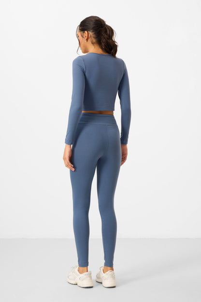 High Waist Long Sleeve Slim Fit Crop Top Women's Tights Set - 95286