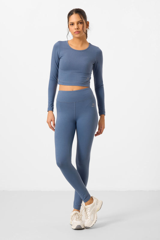 High Waist Long Sleeve Slim Fit Crop Top Women's Tights Set - 95286