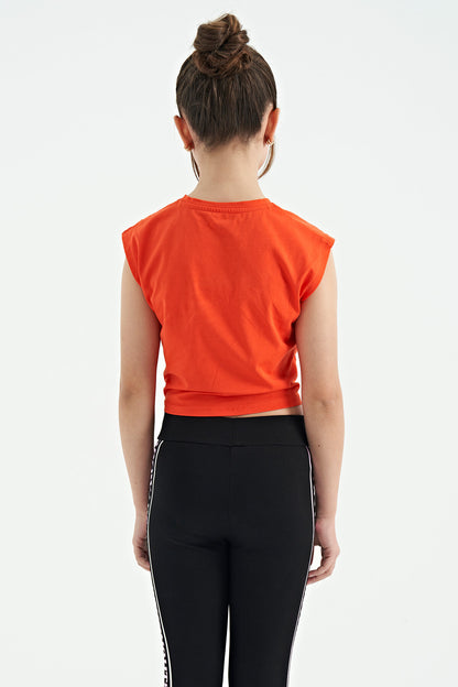 Orange Heart Print Front Knot Detailed Comfortable Fit Girls T-Shirt - 75114