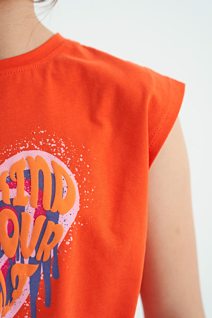 Orange Heart Print Front Knot Detailed Comfortable Fit Girls T-Shirt - 75114