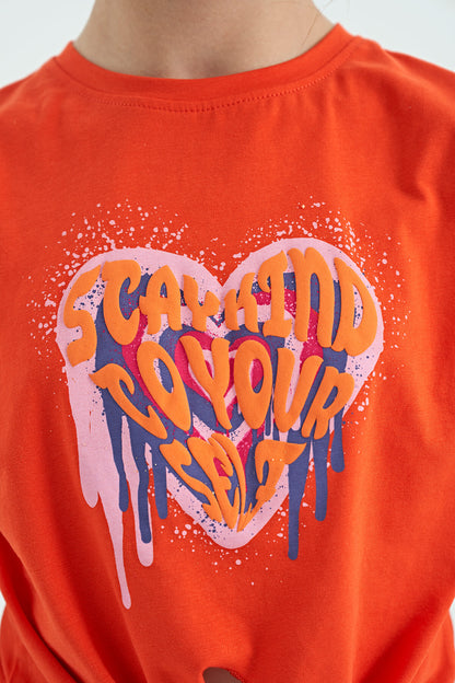Orange Heart Print Front Knot Detailed Comfortable Fit Girls T-Shirt - 75114