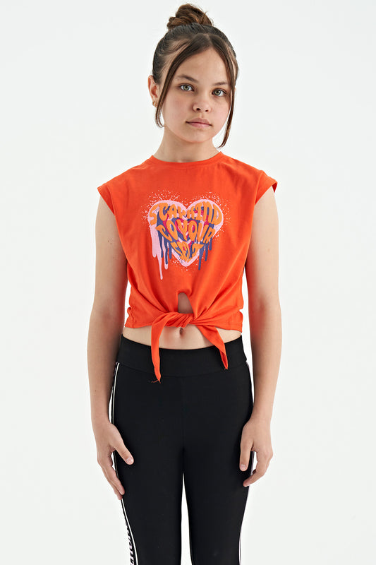 Orange Heart Print Front Knot Detailed Comfortable Fit Girls T-Shirt - 75114
