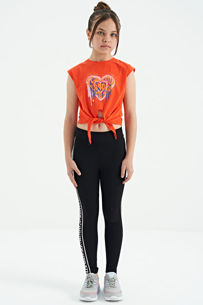 Orange Heart Print Front Knot Detailed Comfortable Fit Girls T-Shirt - 75114