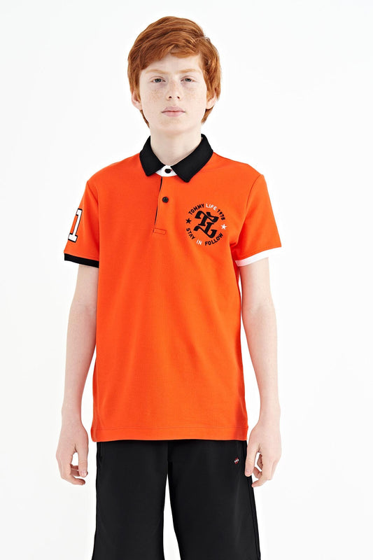 Orange Arm Chest Embroidery Detailed Standard Pattern Polo Collar Boys T-Shirt - 11086