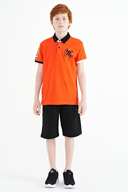 Orange Arm Chest Embroidery Detailed Standard Pattern Polo Collar Boys T-Shirt - 11086