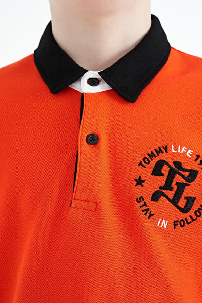 Orange Arm Chest Embroidery Detailed Standard Pattern Polo Collar Boys T-Shirt - 11086