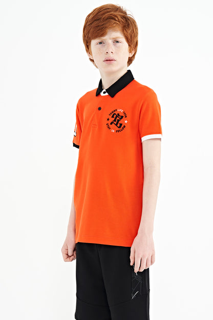 Orange Arm Chest Embroidery Detailed Standard Pattern Polo Collar Boys T-Shirt - 11086