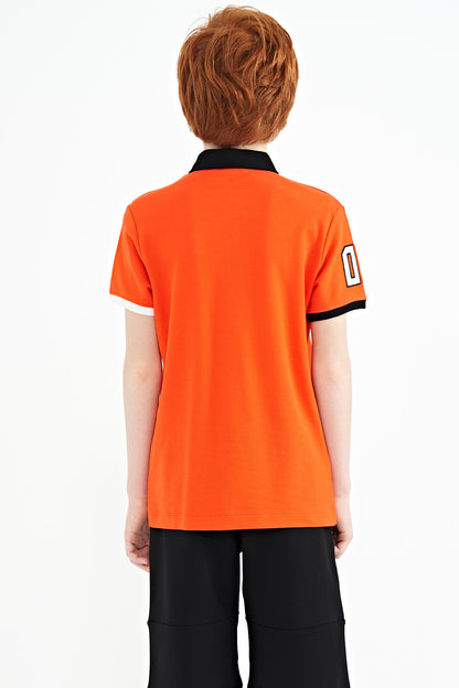 Orange Arm Chest Embroidery Detailed Standard Pattern Polo Collar Boys T-Shirt - 11086