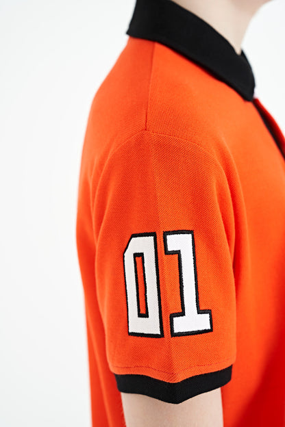 Orange Arm Chest Embroidery Detailed Standard Pattern Polo Collar Boys T-Shirt - 11086