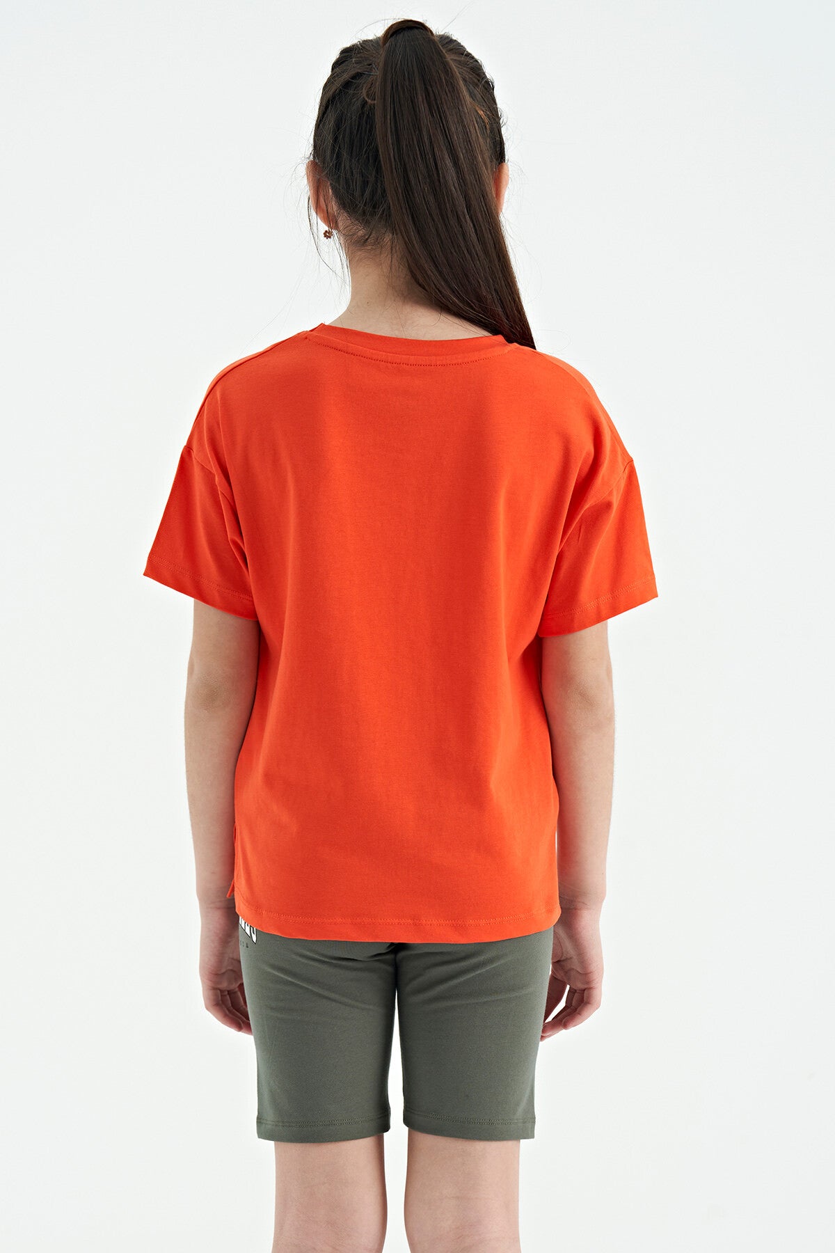 Orange O Collar Printed Drop Shoulder Oversize Girl's T-Shirt - 75115