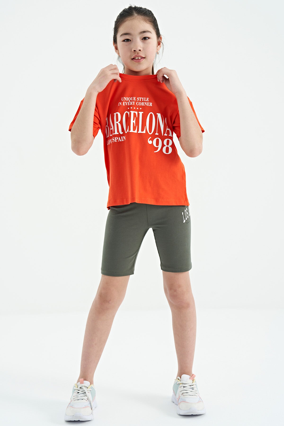 Orange O Collar Printed Drop Shoulder Oversize Girl's T-Shirt - 75115