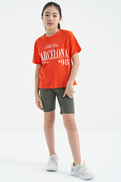 Orange O Collar Printed Drop Shoulder Oversize Girl's T-Shirt - 75115