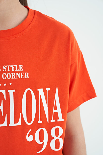 Orange O Collar Printed Drop Shoulder Oversize Girl's T-Shirt - 75115