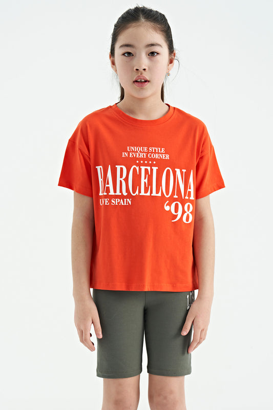 Orange O Collar Printed Drop Shoulder Oversize Girl's T-Shirt - 75115