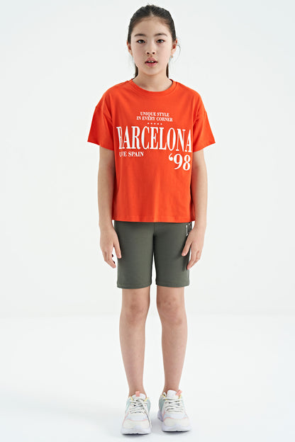 Orange O Collar Printed Drop Shoulder Oversize Girl's T-Shirt - 75115