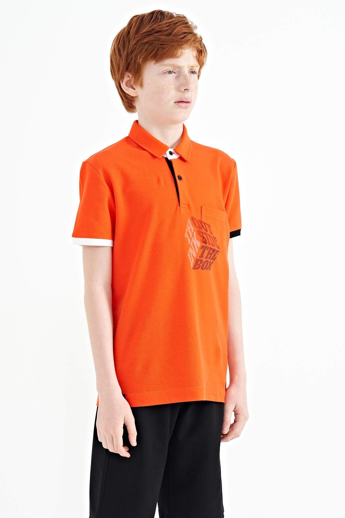 Orange Front Detailed Printed Standard Fit Polo Collar Boys T-Shirt - 11102