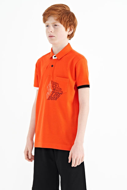 Orange Front Detailed Printed Standard Fit Polo Collar Boys T-Shirt - 11102