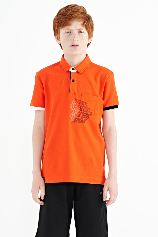 Orange Front Detailed Printed Standard Fit Polo Collar Boys T-Shirt - 11102