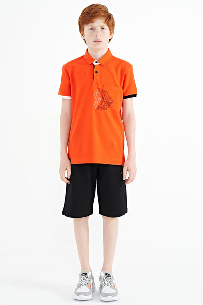 Orange Front Detailed Printed Standard Fit Polo Collar Boys T-Shirt - 11102