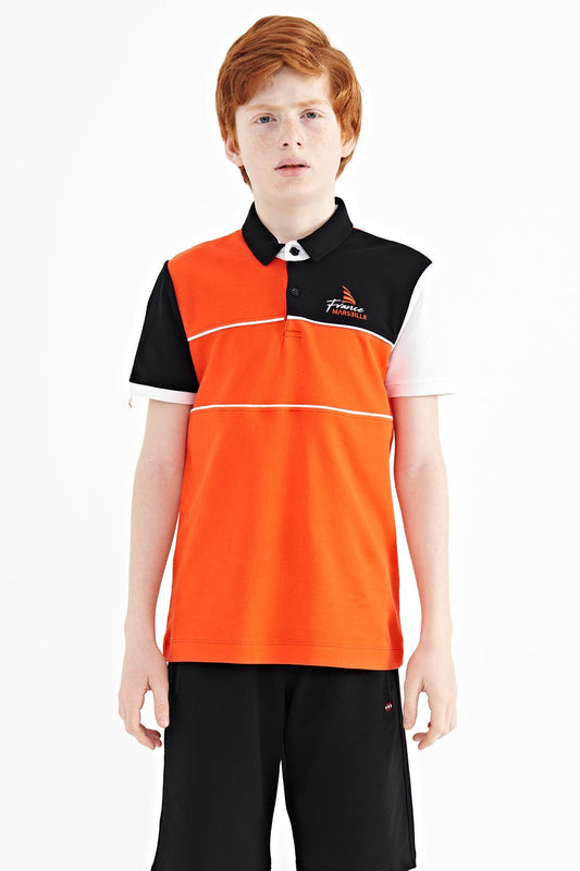 Orange Color Block Embroidered Letter Detailed Standard Pattern Polo Collar Boys T-Shirt - 11109