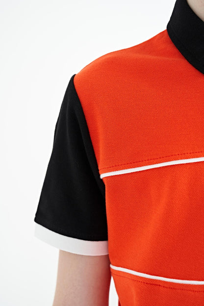 Orange Color Block Embroidered Letter Detailed Standard Pattern Polo Collar Boys T-Shirt - 11109
