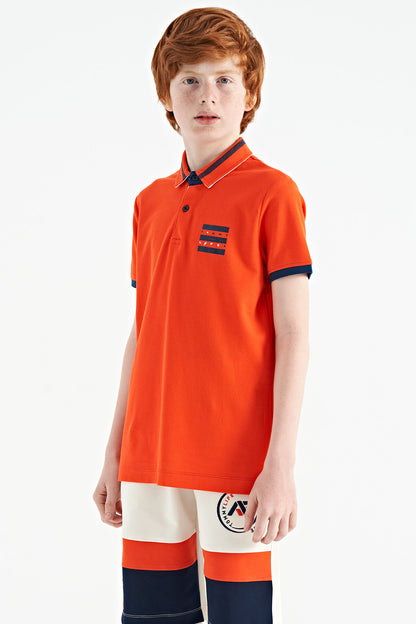 Orange Collar Color Block Print Detailed Standard Cut Boys T-Shirt - 11111